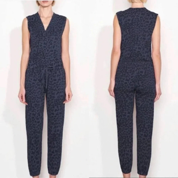 Sundry Blue Gray Animal Print Cotton Blend Elastic Waist Leg Hem Jumpsuit Sz 3 - Picture 1 of 13